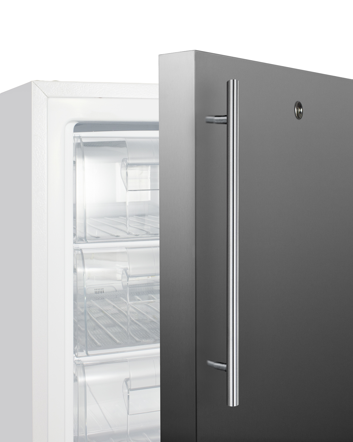Built-in undercounter -25 C ADA compliant all-freezer with stainless steel front and handle, factory installed lock, digital controls, interior baskets, hospital cord with 'green dot' plug, access port, and manual defrost operation